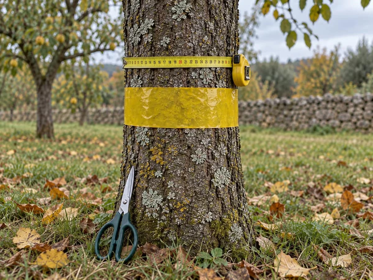 Mètre ruban passé autour d'un tronc de fruitier, morceau de bande de glu coupé aux ciseaux posé contre l'écorce