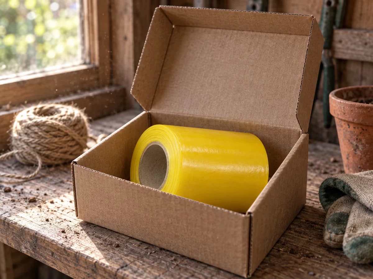 Reste du rouleau de glu enroulé sur son noyau carton, rangé dans son carton ouvert sur une étagère d'atelier