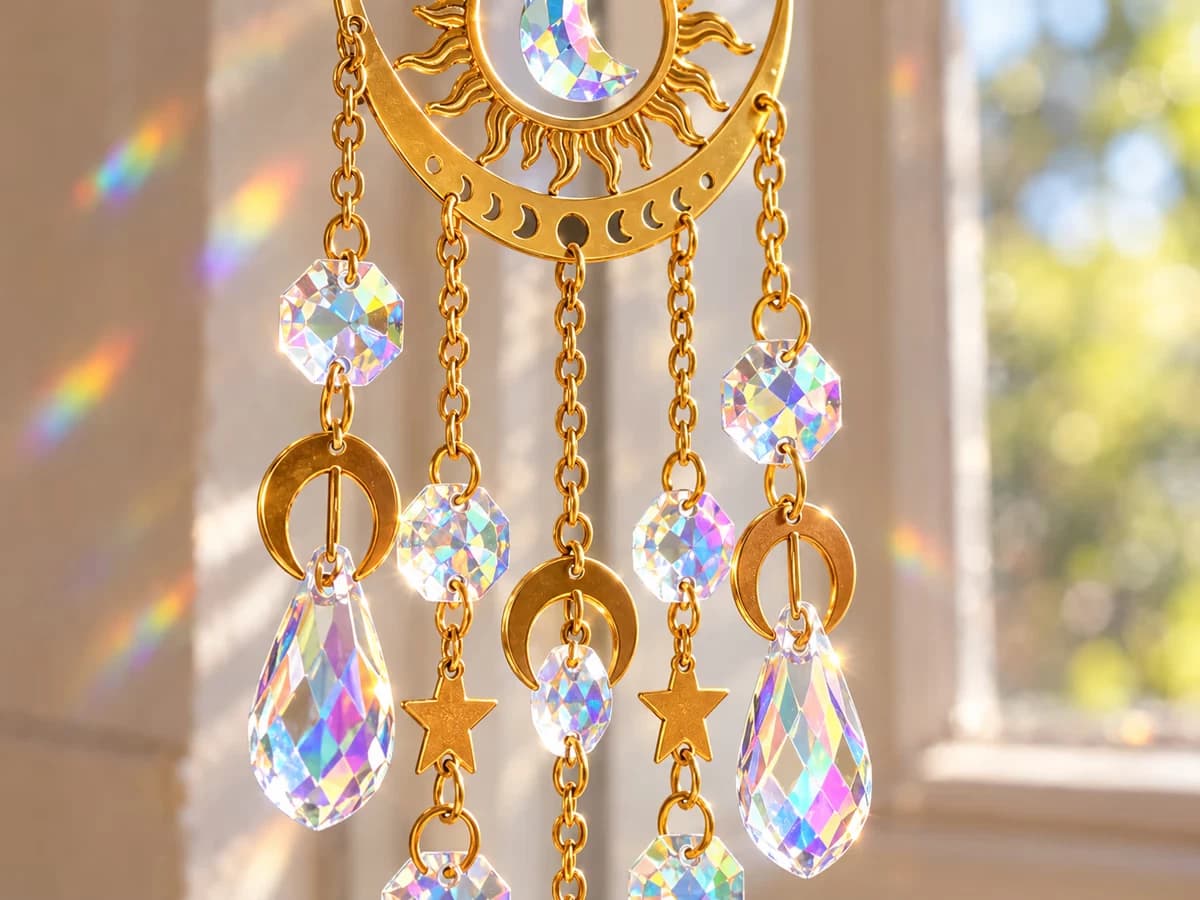 Anneaux de liaison dorés d'un attrape-soleil étoile et lune regardés de près devant une fenêtre, boucles fermées et perles enfilées visibles une à une