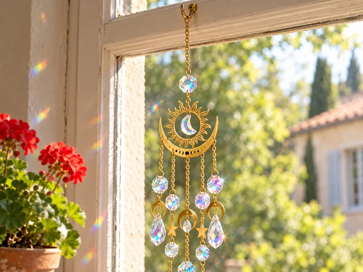 Attrape-soleil étoile et lune accroché à l'anneau doré de sa chaîne unique devant un carreau baigné de soleil, motifs dorés nets sur le verre