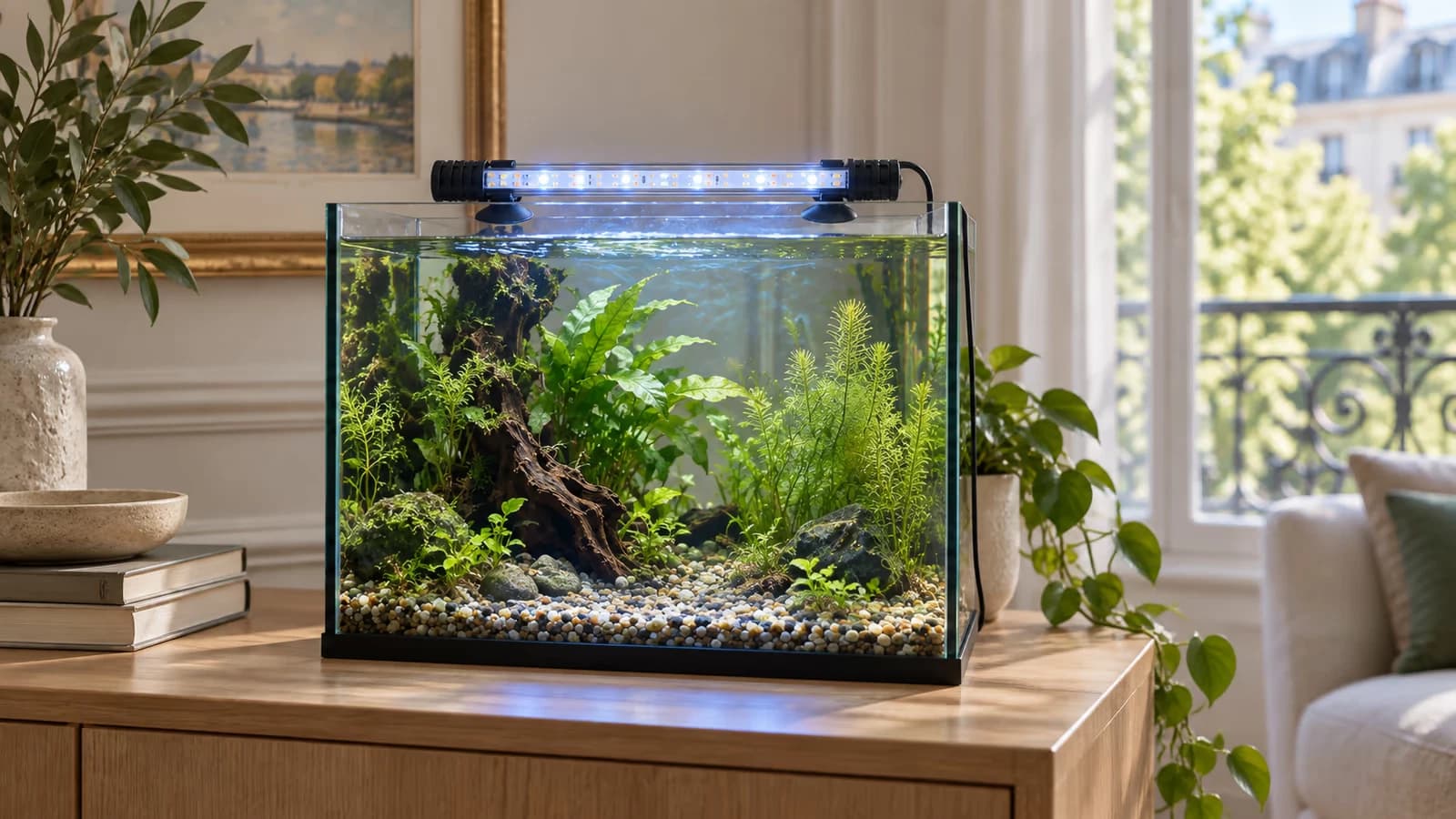 Barre LED bleu-blanc de 18 cm fixée par ventouses au-dessus d'un nano aquarium planté