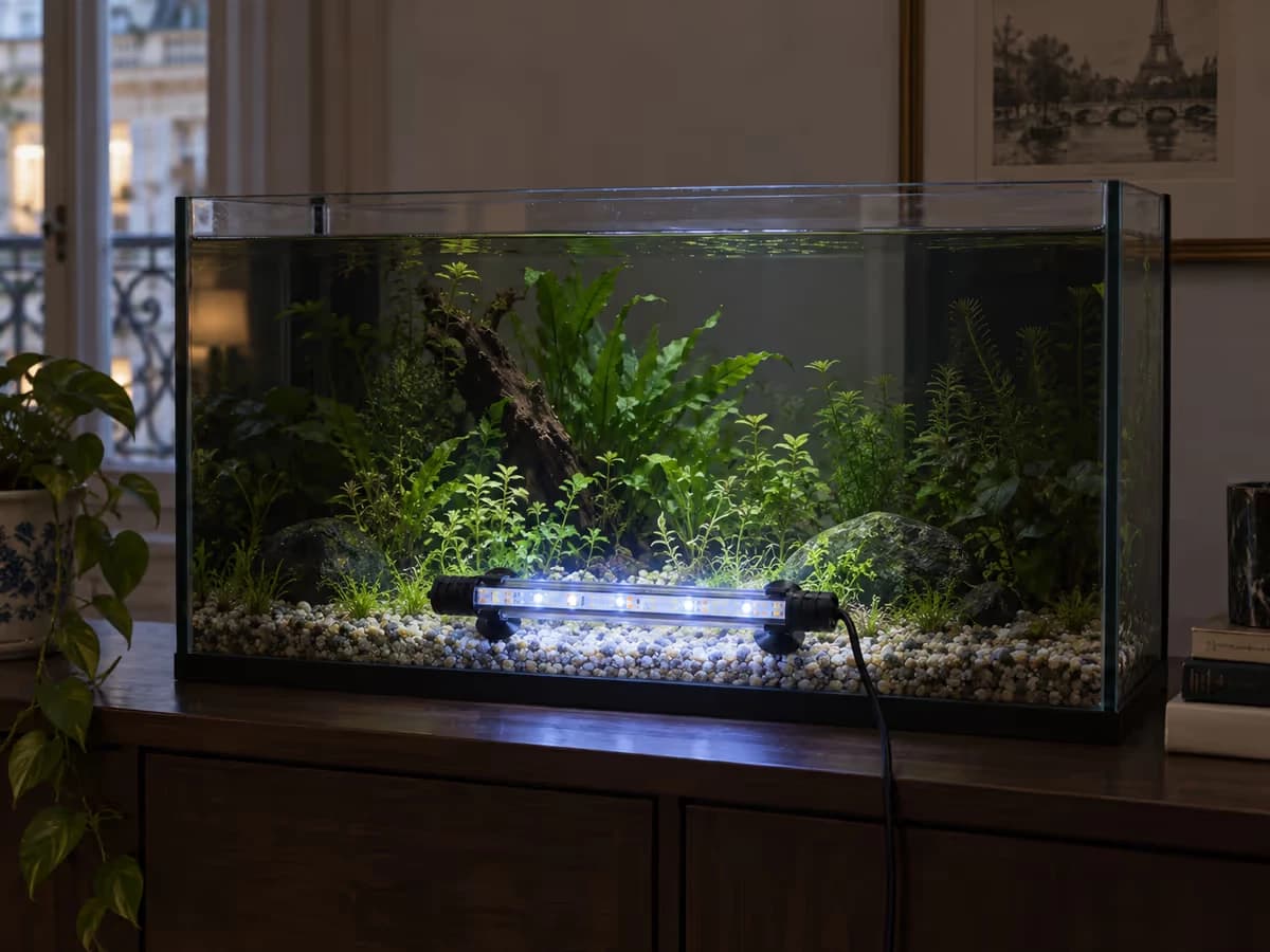 Barre LED de 18 cm posée devant la façade d'un aquarium de 60 cm, extrémités du bac dans l'ombre