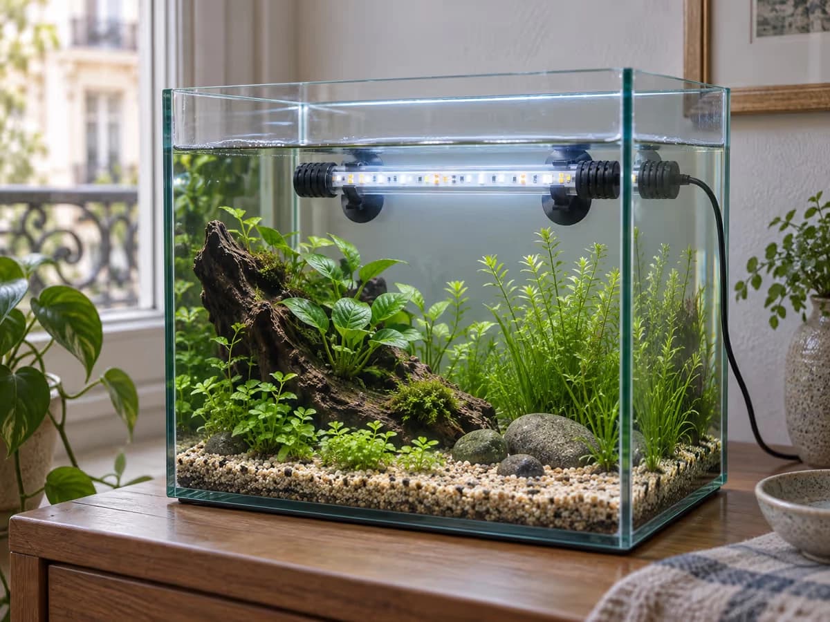 Ventouses de la barre LED pressées sur la vitre arrière d'un nano aquarium, lame bien horizontale