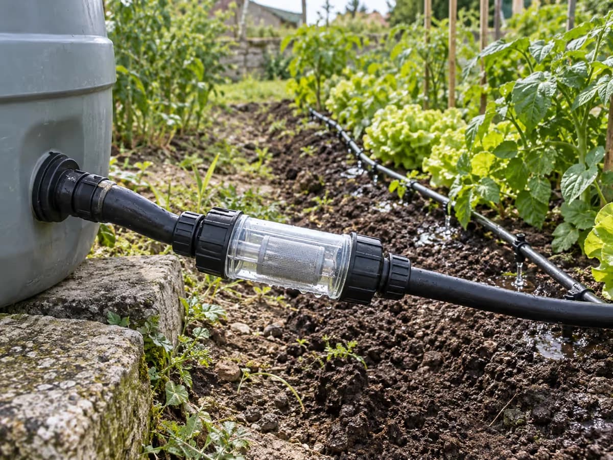 Filtre à tamis transparent monté sur un tuyau entre une cuve d'eau de pluie et des rampes de goutte à goutte au potager