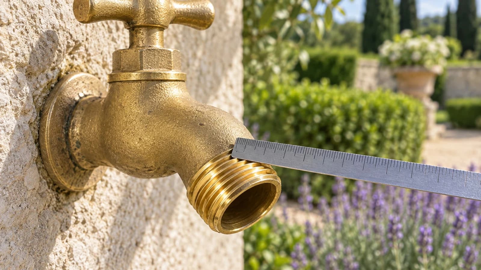 Gros plan sur le filetage d'une sortie d'arrosage en laiton, réglet posé le long des filets sur un mur de jardin