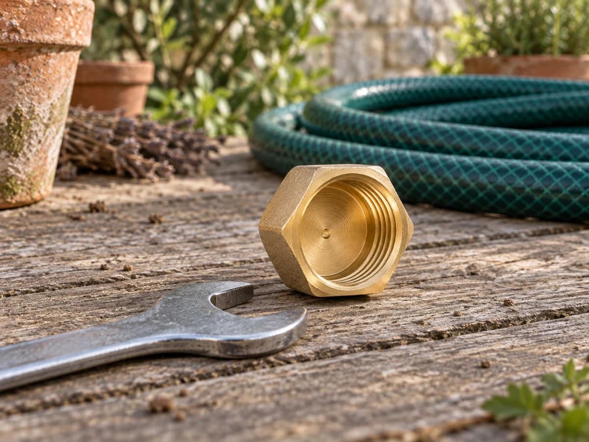 Bouchon laiton à tête hexagonale posé sur une table de rempotage en bois, près d'une clé plate et d'un tuyau d'arrosage enroulé