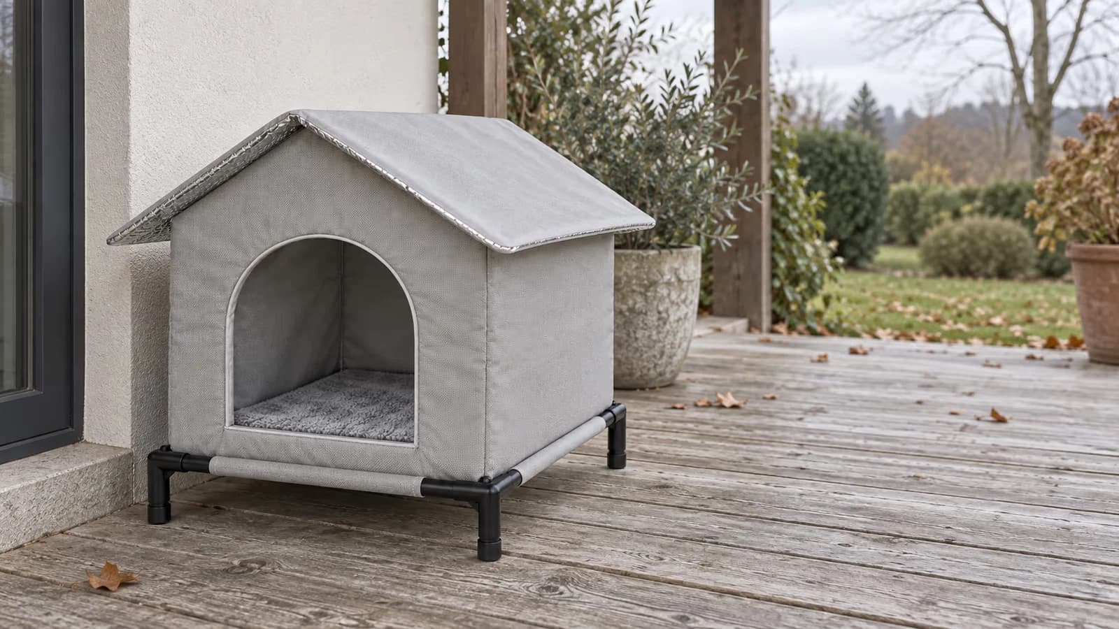 Cave pliable en tissu posée sur une terrasse abritée, ouverture ronde tournée vers le jardin, coussin clair au fond
