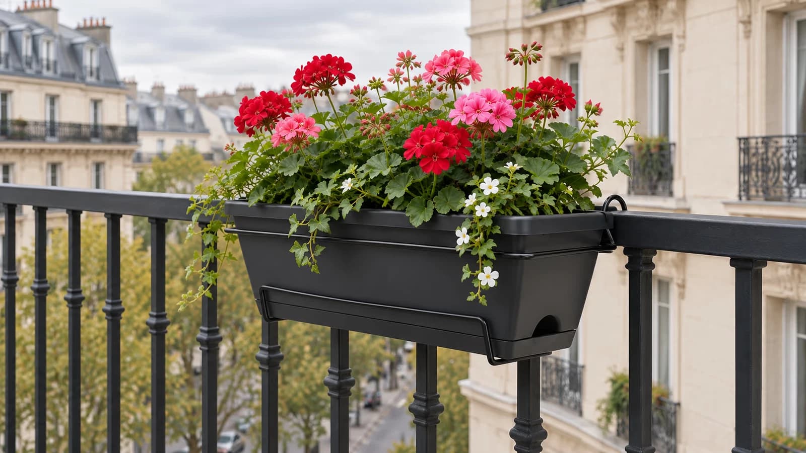 Jardinière à crochets garnie posée sur un garde-corps de balcon, plateau récupérateur en place sous le bac, immeuble en arrière-plan