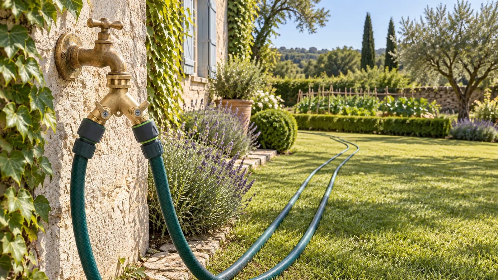 Robinet extérieur en laiton équipé d'un répartiteur deux voies, deux tuyaux d'arrosage verts posés sur une pelouse au soleil