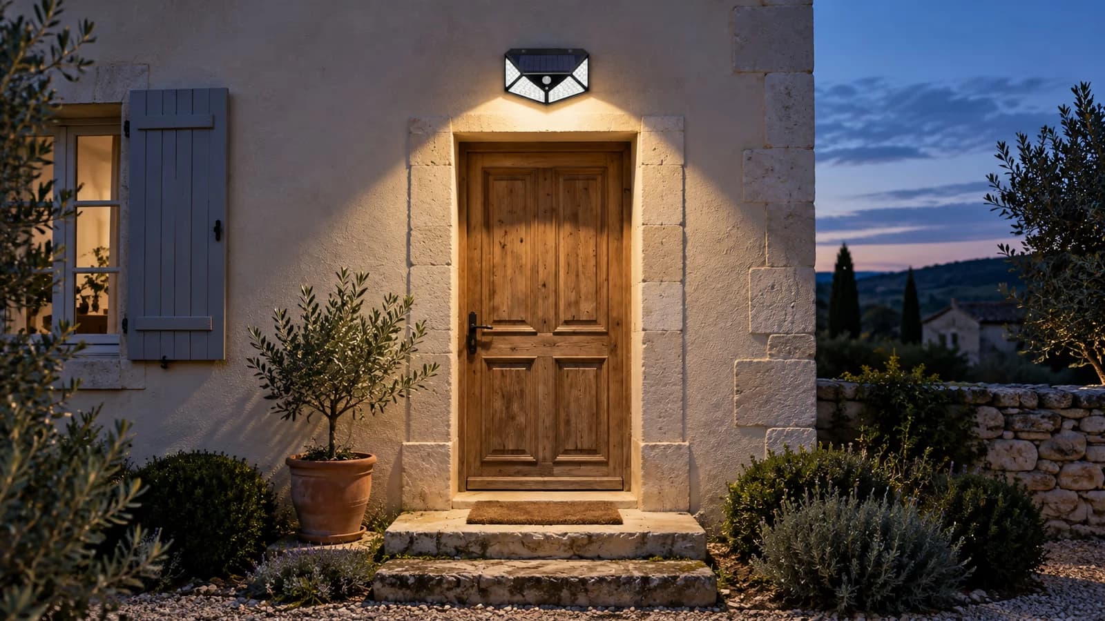 Applique solaire noire fixée au-dessus d'une porte d'entrée, panneau dégagé et faisceau dirigé vers le seuil