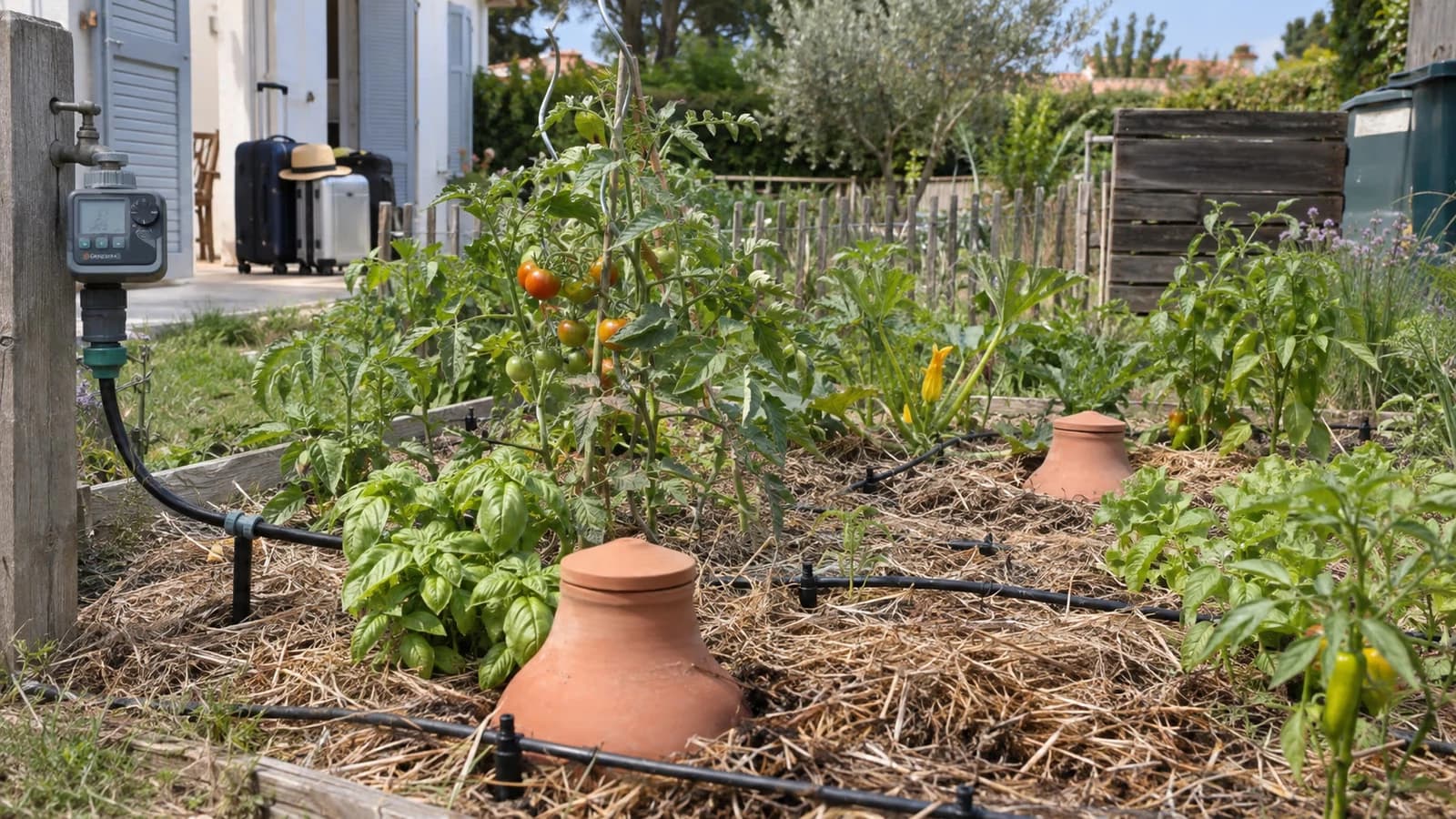 Potager familial paille avec oyas en terre cuite, goutte a goutte et programmateur installes avant un départ en vacances d'été