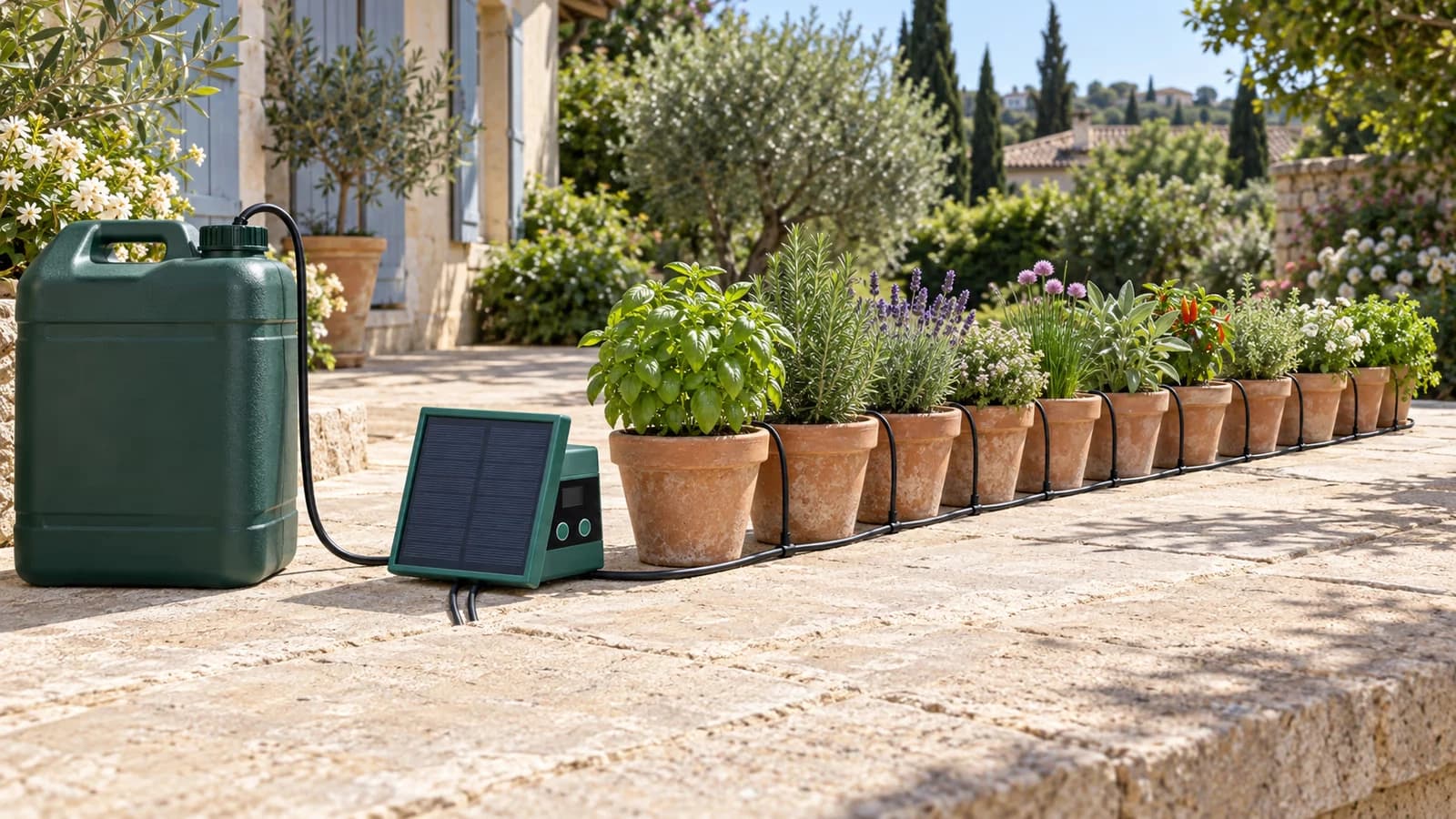 Kit d'arrosage solaire relié à un bidon couvert, avec dix pots alignés sur une terrasse ensoleillée