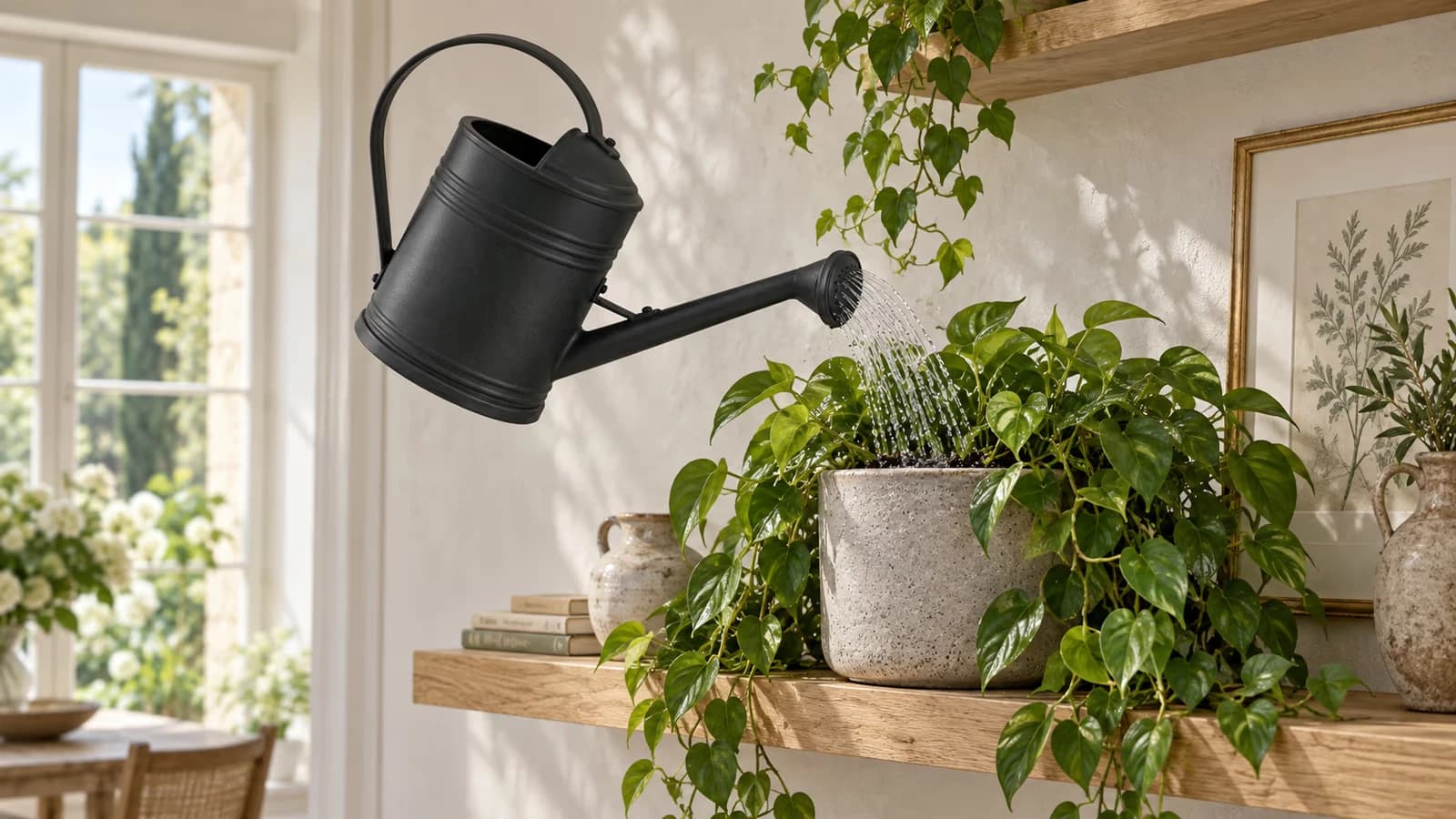 Arrosage d'une plante verte posée sur une étagère à l'aide d'un arrosoir à bec long noir