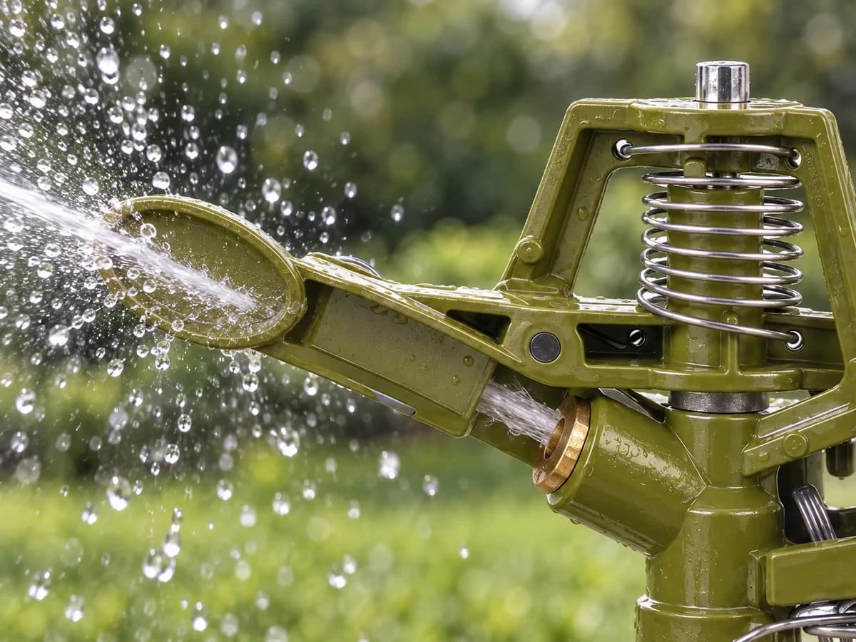 Bras oscillant kaki et ressort en acier inoxydable d'une tête d'arroseur à impulsion en fonctionnement, gouttes d'eau en suspension