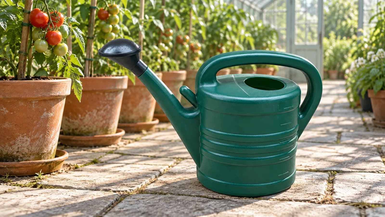 Arrosoir vert foncé à demi rempli posé sur le pavé d'une allée de serre, à côté d'un rang de pots de tomates tuteurées