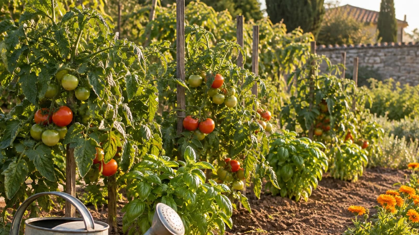 Rang de tomates tuteurées accompagné de pieds de basilic et de fleurs orange, avec deux arrosoirs en zinc, dans la lumière d'une fin de journée