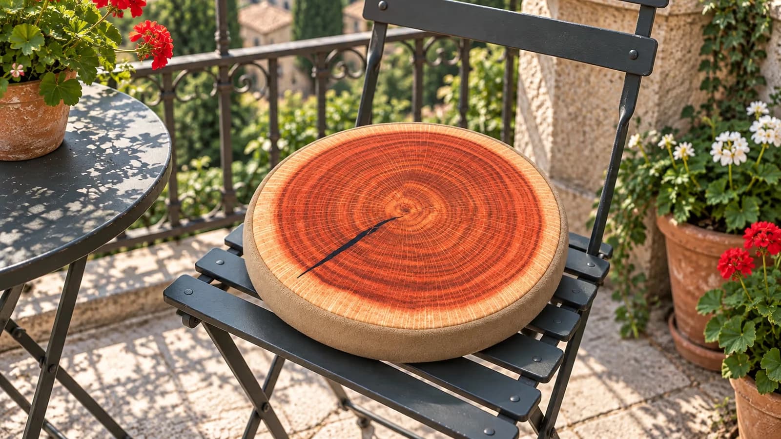 Coussinet de chaise rond à motif tranche de bois posé au centre d'une chaise de balcon en métal noir, matin ensoleillé