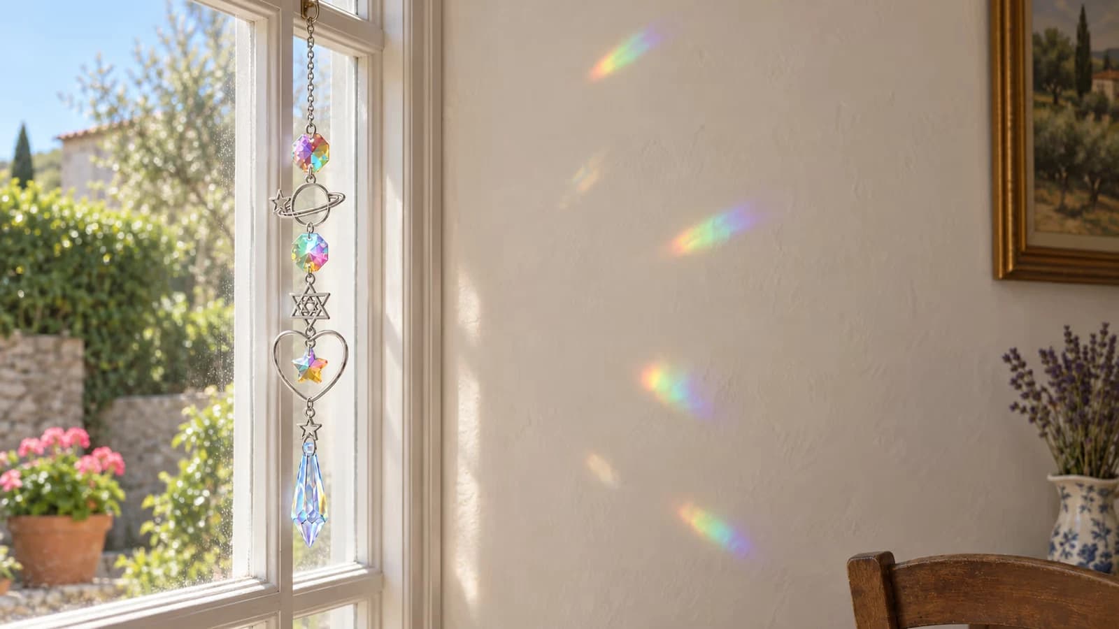 Chaîne de sept figures en cristal irisé suspendue devant une fenêtre, taches colorées projetées sur le mur blanc du fond