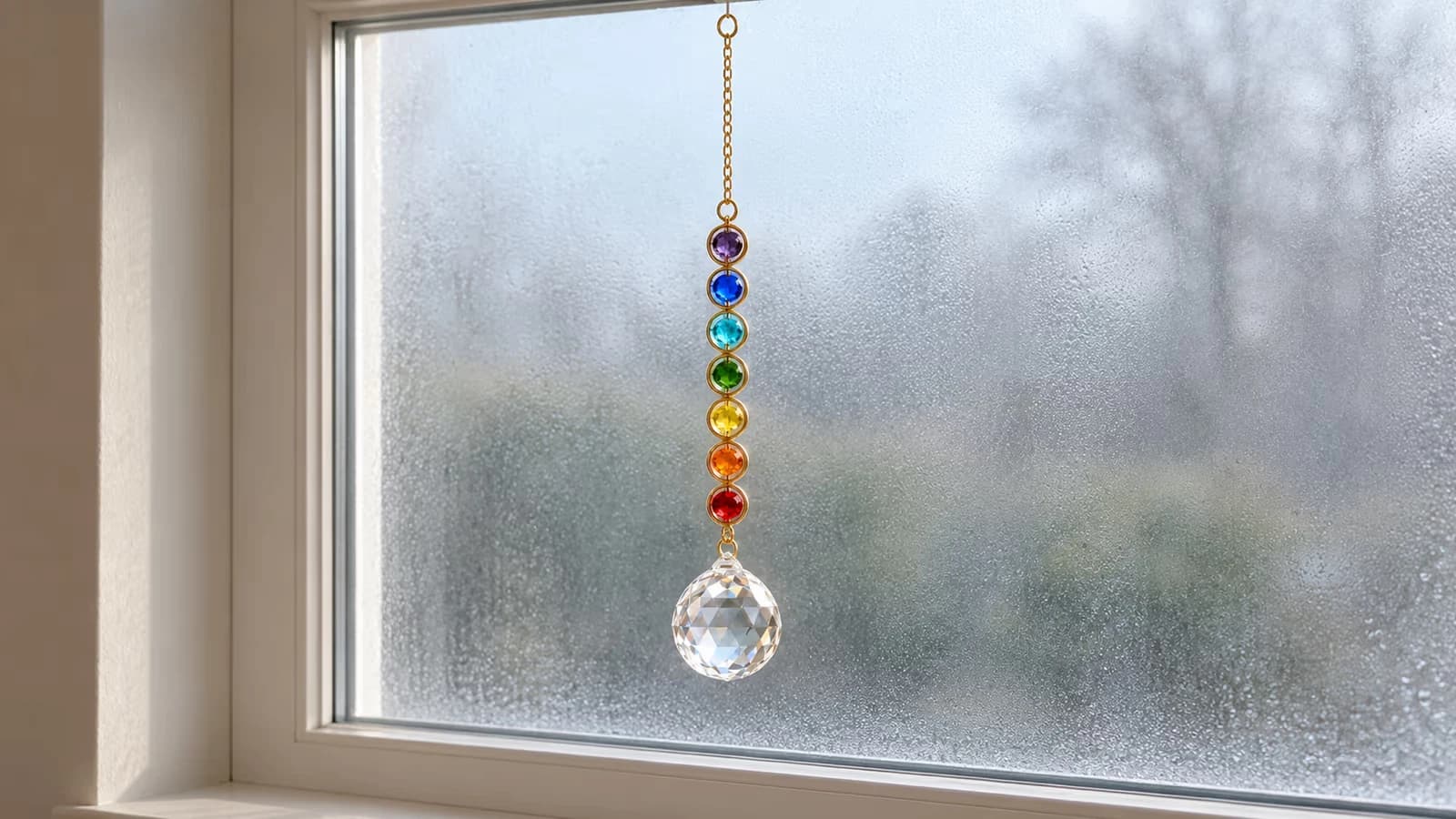 Suspension dorée à sept pierres colorées et boule facettée, tendue devant un carreau couvert de buée au petit matin