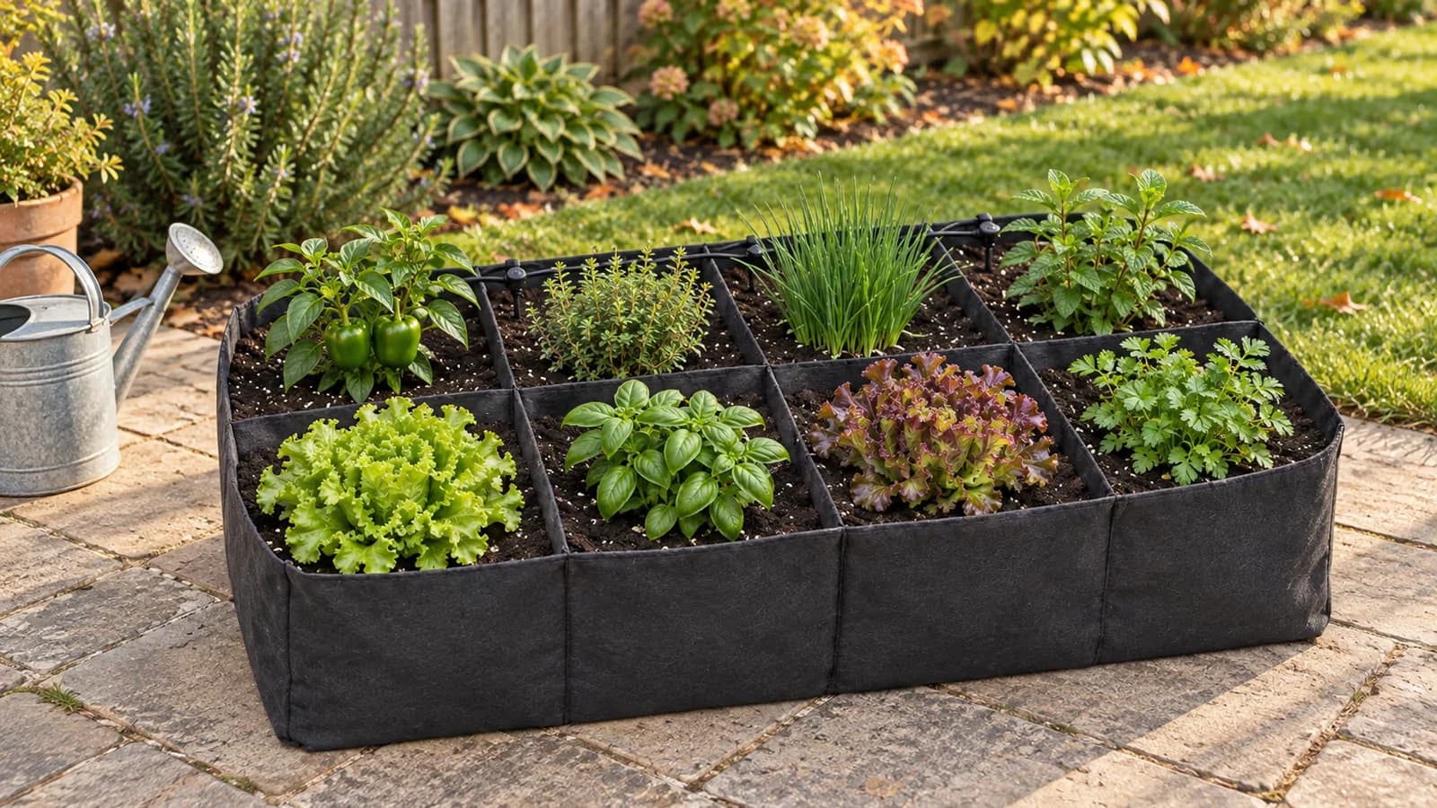Bac potager en feutre à huit compartiments installé sur une terrasse, cellules garnies de plants différents