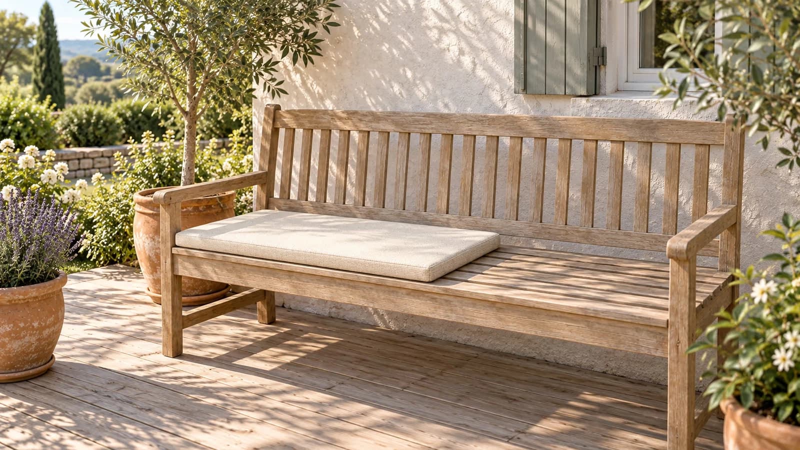 Banc de jardin en bois nu dans un jardin au soleil, avec une galette d'assise blanc cassé posée sur une moitié de l'assise