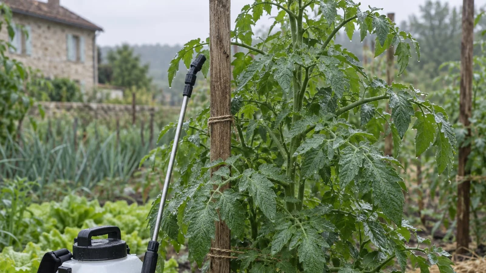 Pied de tomate au potager attaché à un tuteur, feuillage encore sain, pulvérisateur de jardin posé au pied sur la terre humide