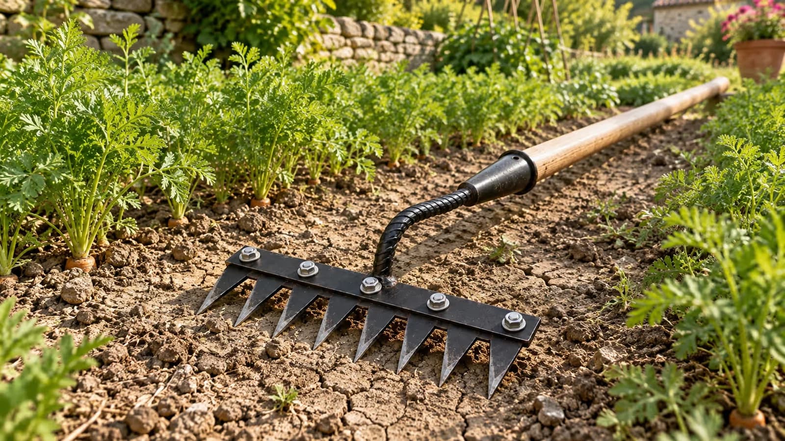 Griffe sarcloir à huit dents plates posée à plat sur une terre sèche entre deux rangs de carottes dans un potager d'été
