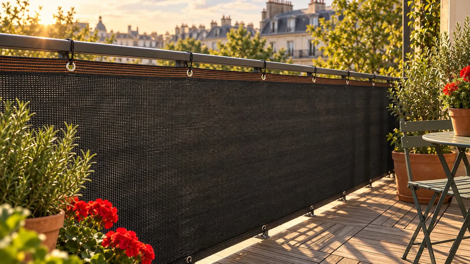 Toile d'occultation noire tendue sur le garde-corps d'un balcon urbain en fin de journée, romarin et géraniums en pot au premier plan, lumière rasante