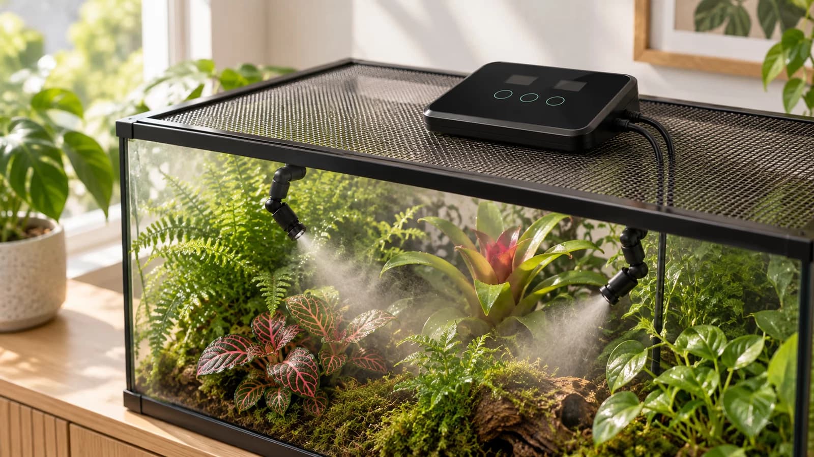Boîtier de brumisateur posé sur la grille d'un terrarium tropical, deux buses orientables dirigées vers les plantes sous une brume fine