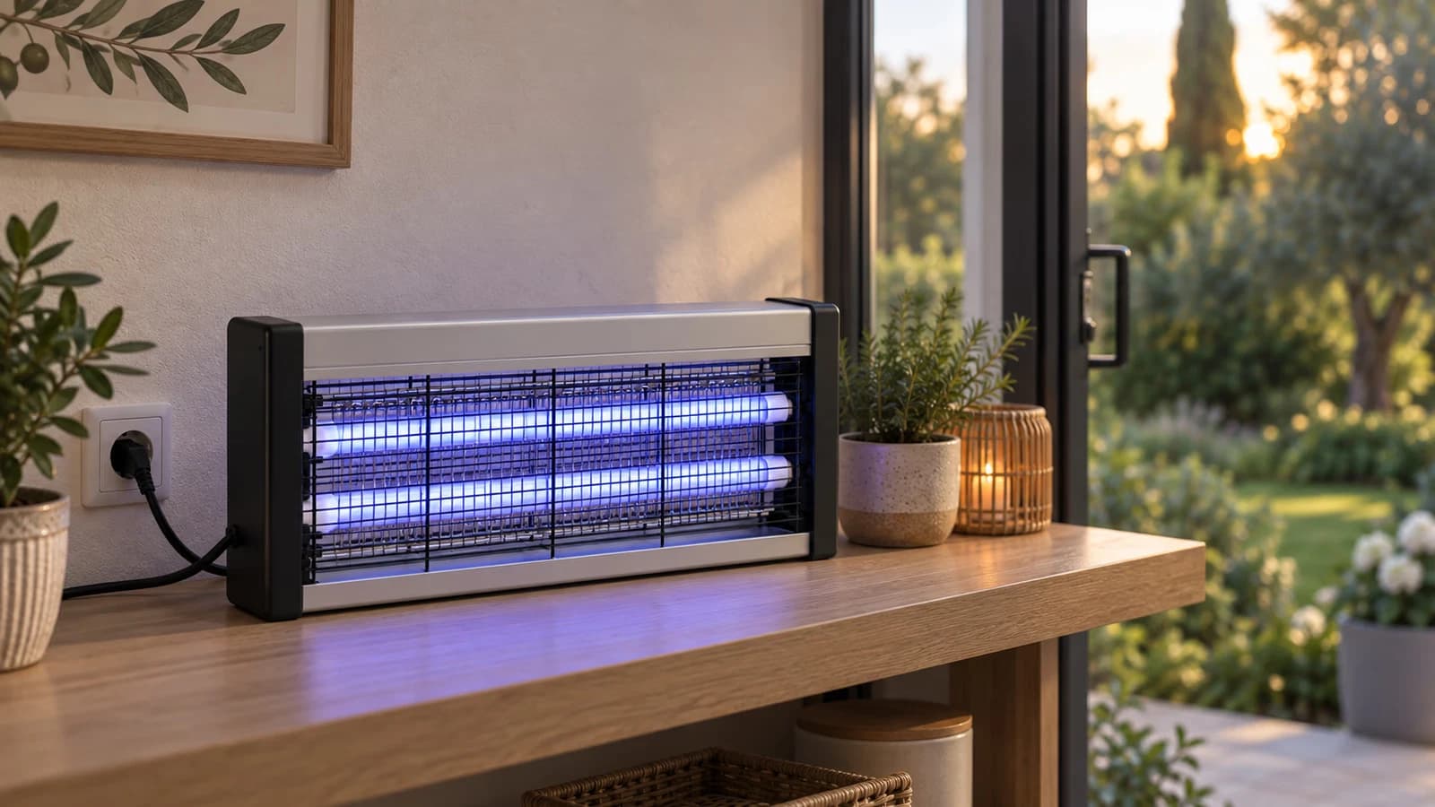 Lampe anti-moustique UV posée sur une étagère de véranda près d'une prise murale, portes vitrées ouvertes sur le jardin en fin de journée