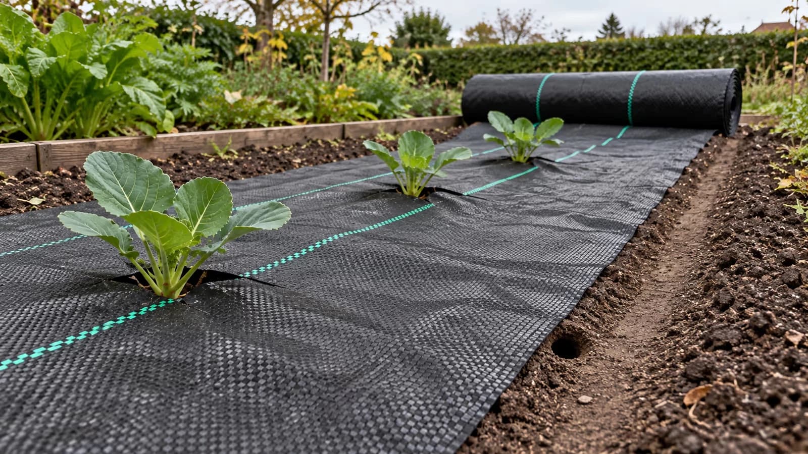 Rouleau de toile de paillage tissée noire déroulé au potager, couloir dégarni et trou d'entrée visibles le long du bord du lé