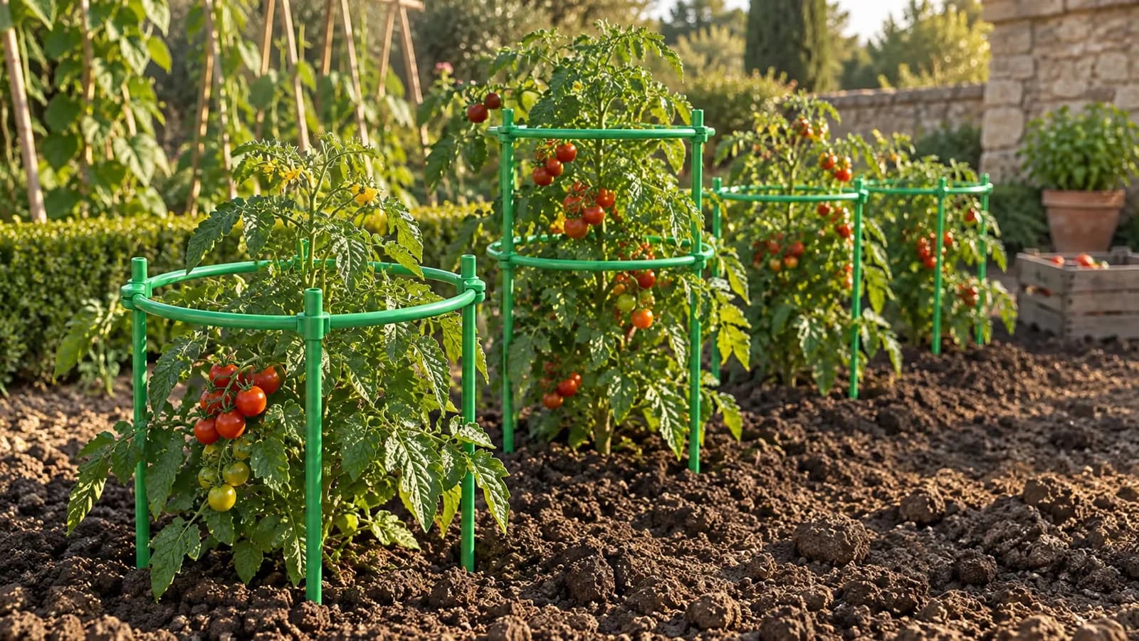 Rang de pieds de tomate cerclés par des cages en demi-cercles verts dans un potager français de fin d'été