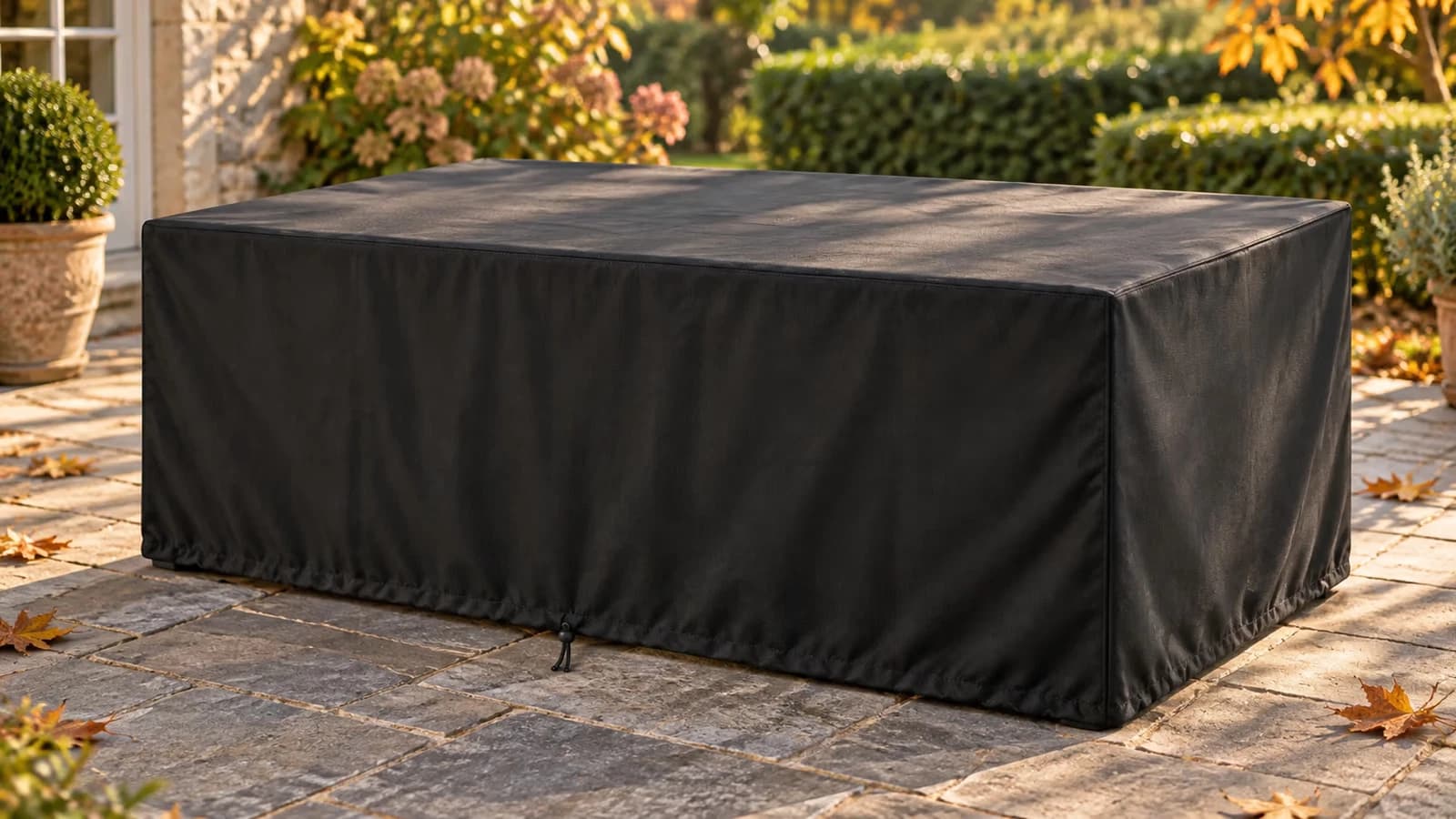 Housse noire à pans droits posée sur une table de jardin rectangulaire, retombée jusqu'aux dalles d'une terrasse, lumière de fin d'après-midi