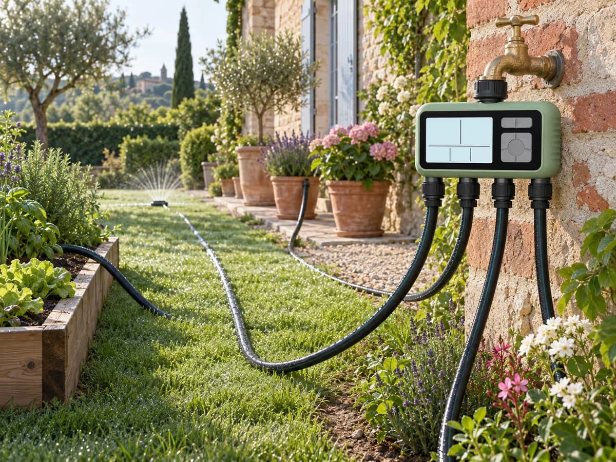 Quatre tuyaux d'arrosage partant d'un même robinet vers un carré potager, une pelouse et des pots de terrasse