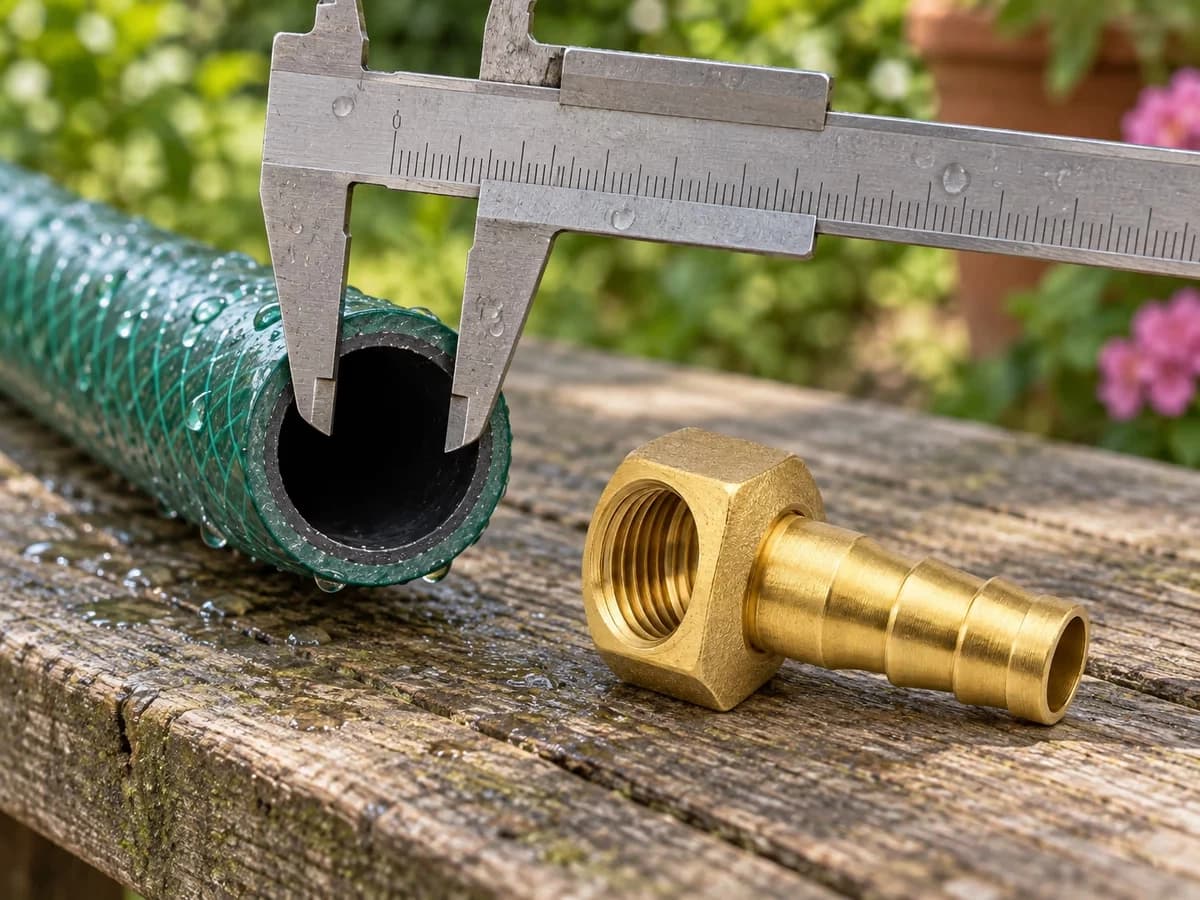 Raccord laiton posé sur un établi de jardin à côté d'un tuyau vert mesuré au pied à coulisse
