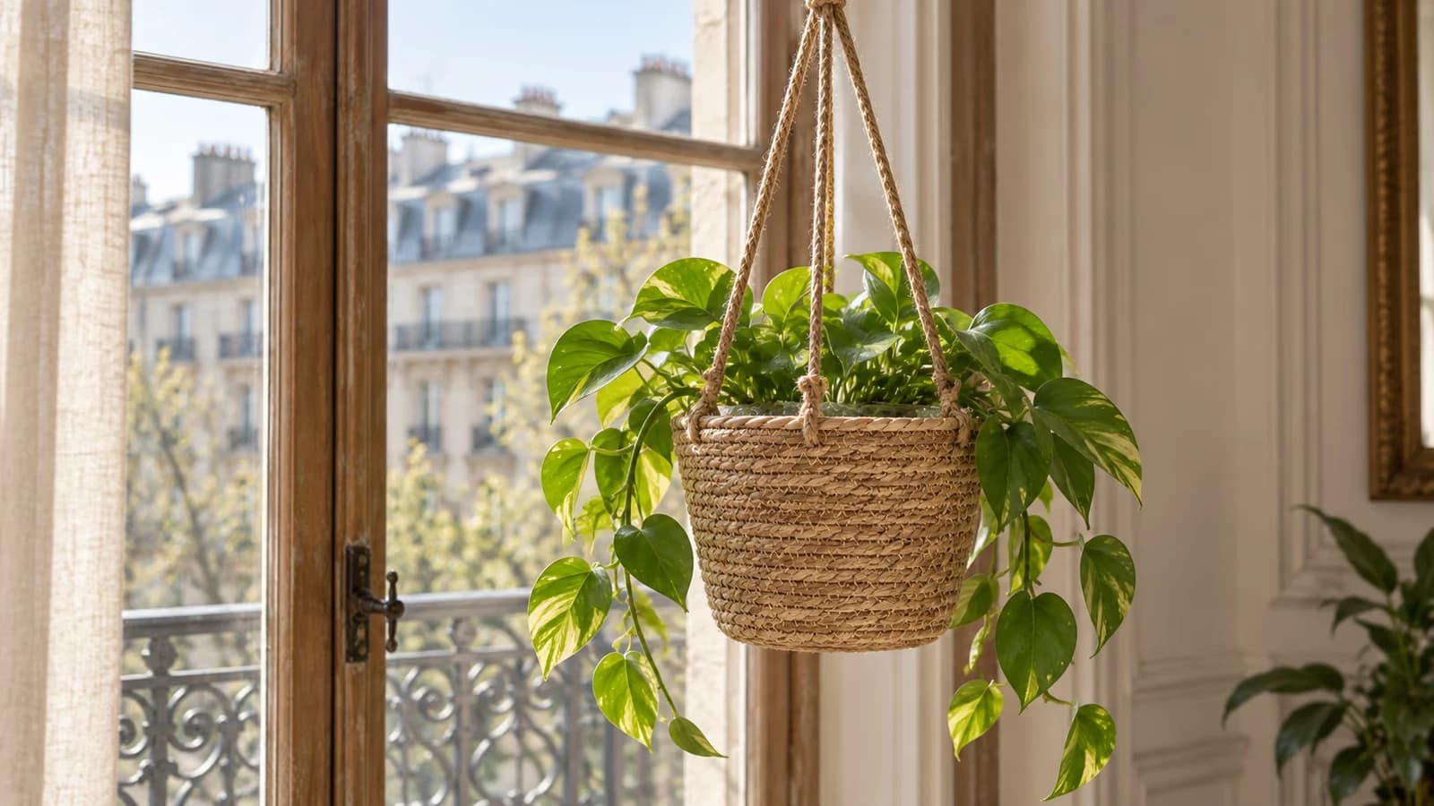 Panier tressé beige miel suspendu à ses deux ficelles de coton devant une fenêtre de balcon, plante retombante à l'intérieur, lumière du matin
