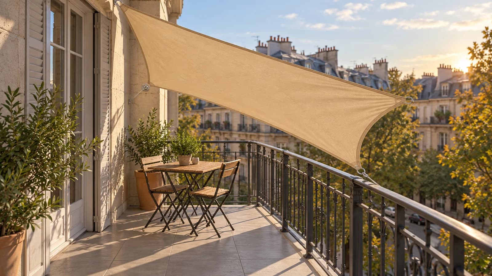 Voile d'ombrage triangulaire beige tendue au-dessus d'une table de balcon, ombre nette coupant le carrelage en deux