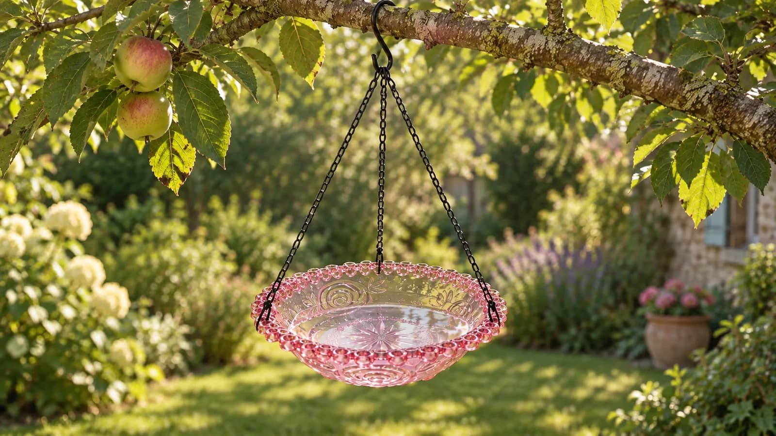 Coupelle translucide rose suspendue par trois chaînes fines à une branche basse, eau à mi-hauteur éclairée par un soleil de fin d'après-midi, feuillage flou à l'arrière-plan