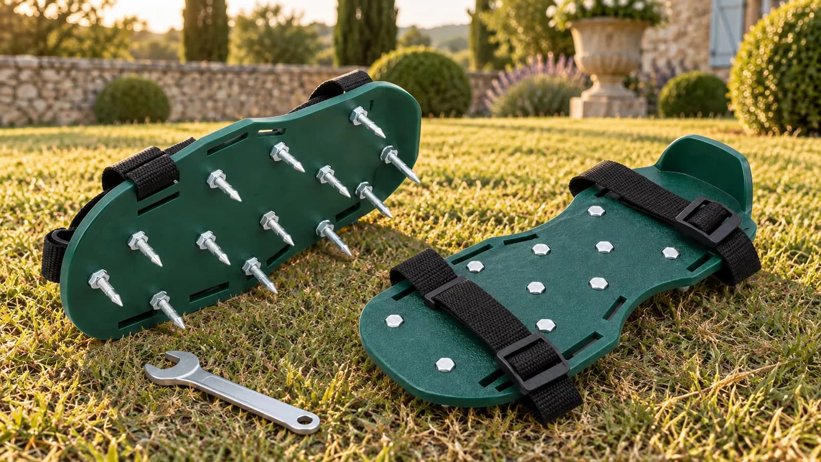 Paire de semelles à pointes acier posée dans l'herbe rase d'une pelouse, clé de montage à côté, lumière rasante de fin d'été