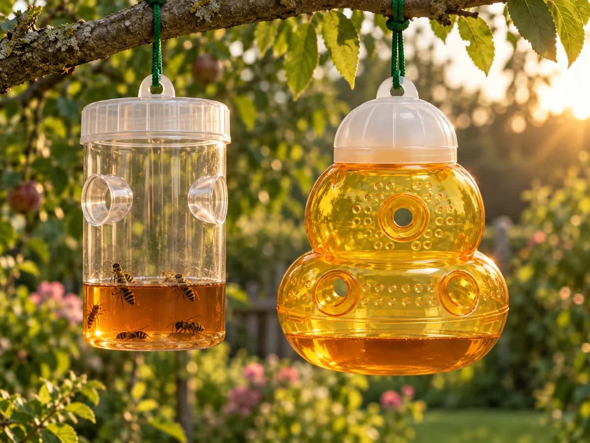 Piège à guêpes transparent rempli d'appât ambré et modèle en forme de ruche suspendu à une branche, fin d'après-midi d'été