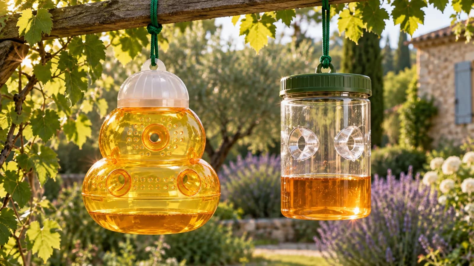 Deux styles de pièges à guêpes suspendus côte à côte : l'un en forme de ruche ambre, l'autre transparent en plastique clair