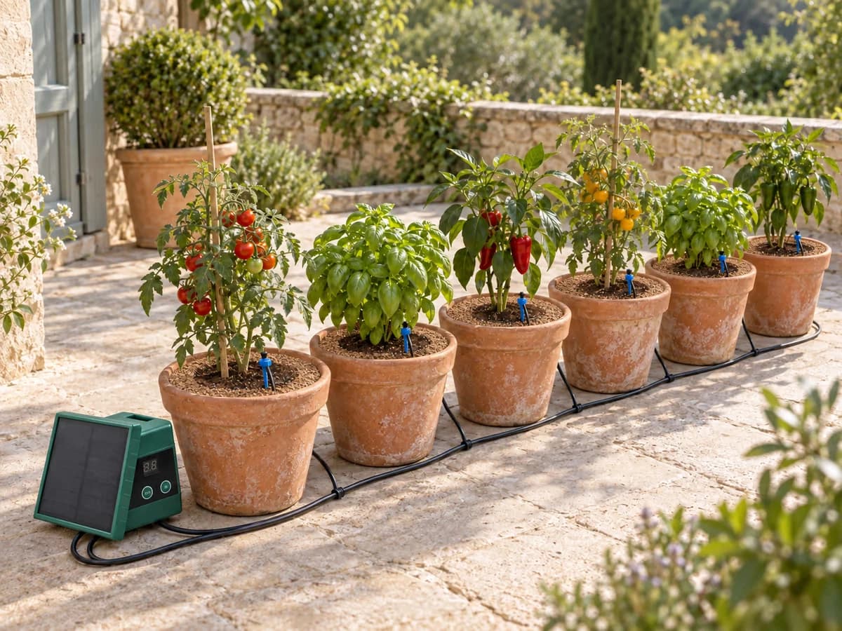 Rangée de pots de légumes arrosés au goutte à goutte, bloc solaire posé au sol en bord de terrasse