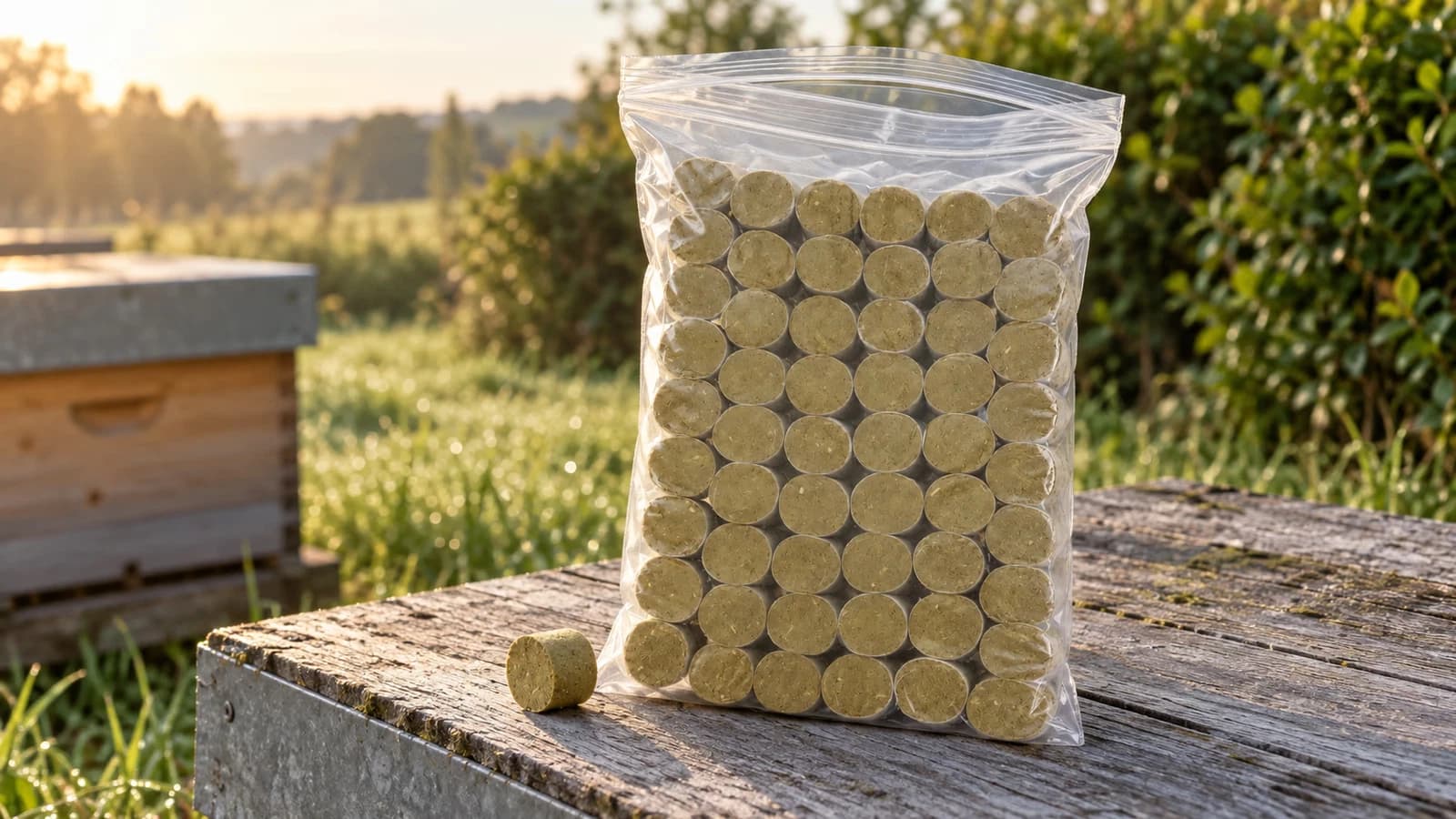 Sachet de bâtonnets de fumigation entrouvert posé sur le toit d'une ruche en bois, un bâtonnet beige et olive sorti du lot, rucher du matin