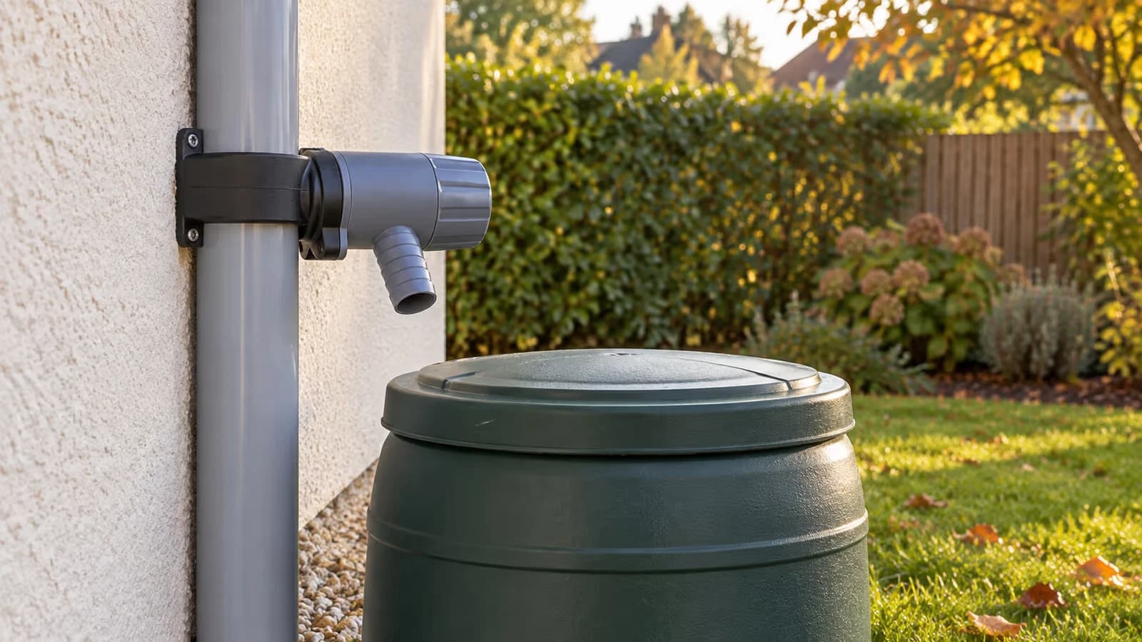 Collecteur gris monté sur un tuyau de descente PVC, sa sortie cannelée amène l'eau à un bidon fermé au sol