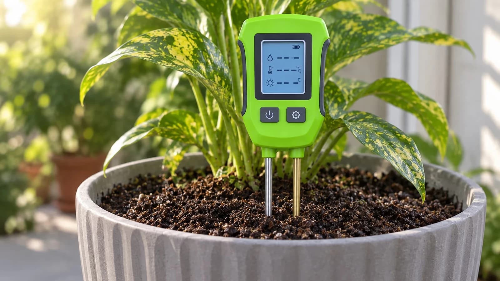 Testeur de sol à deux sondes planté dans un pot de terreau humide, écran LCD rétroéclairé allumé, lumière douce du matin
