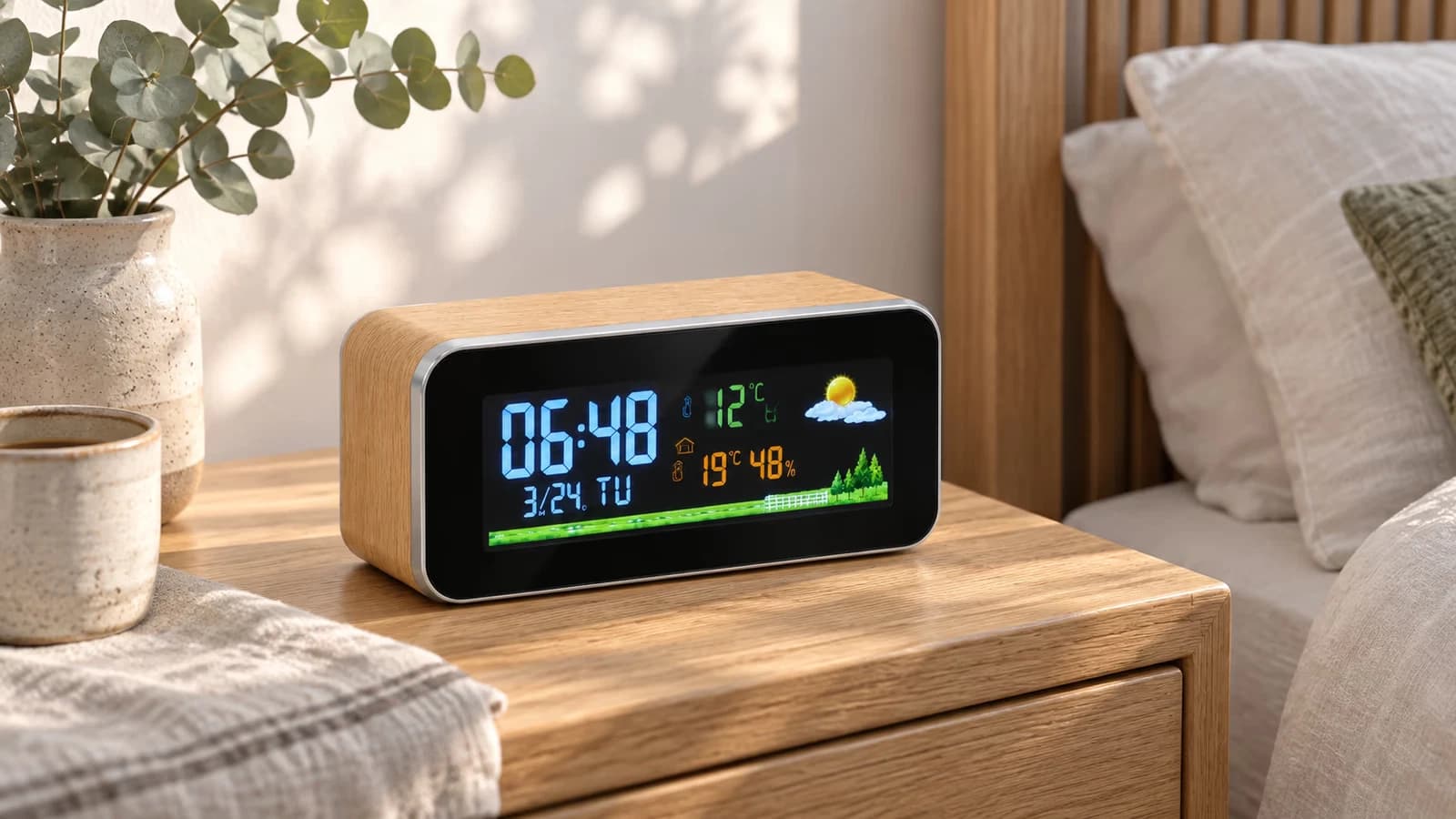 Station météo à habillage bois clair sur une table de nuit, écran affichant l'heure et deux températures