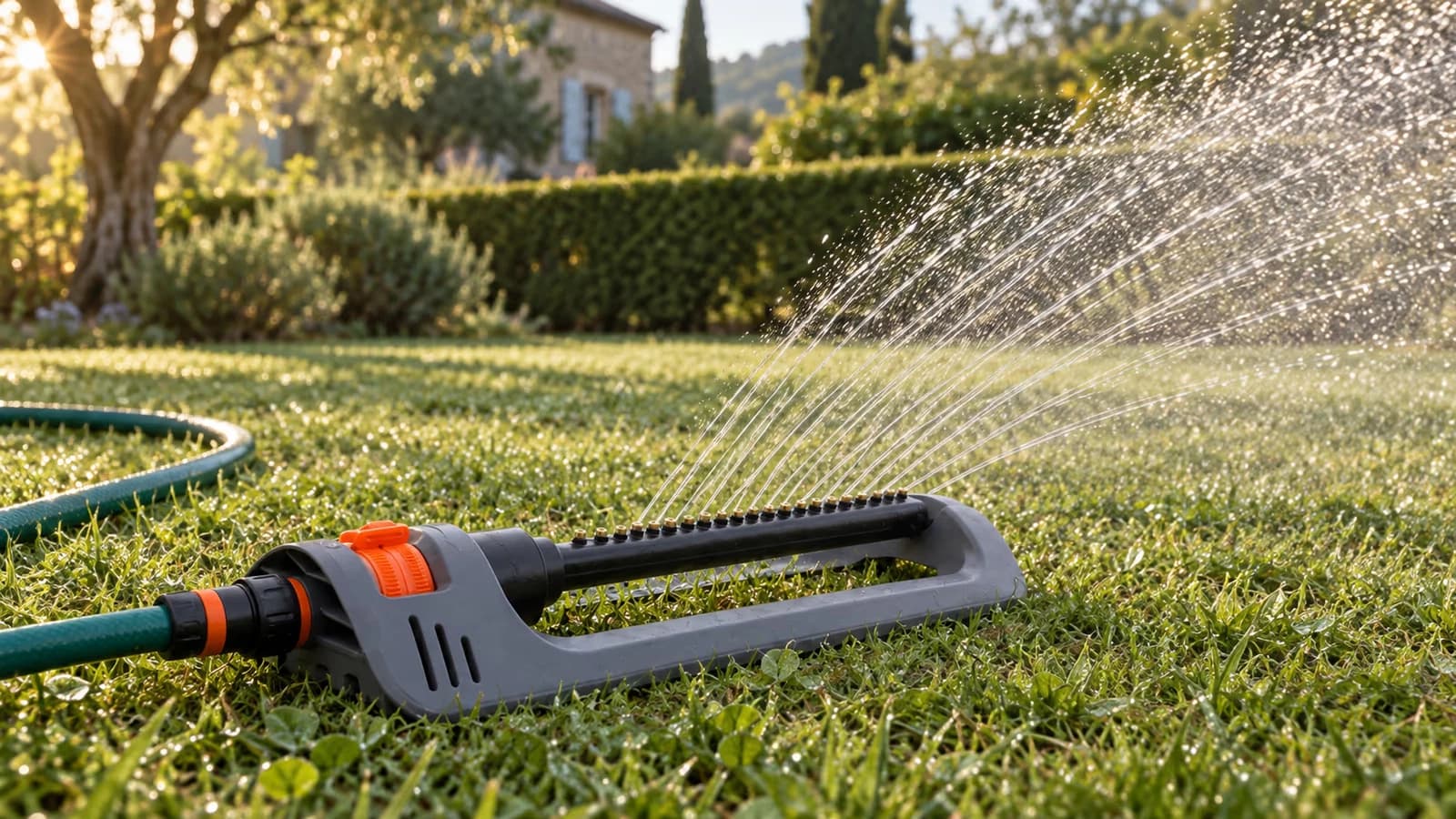 Arroseur oscillant posé sur une pelouse tondue au petit matin, rideau de jets en éventail au-dessus de l'herbe