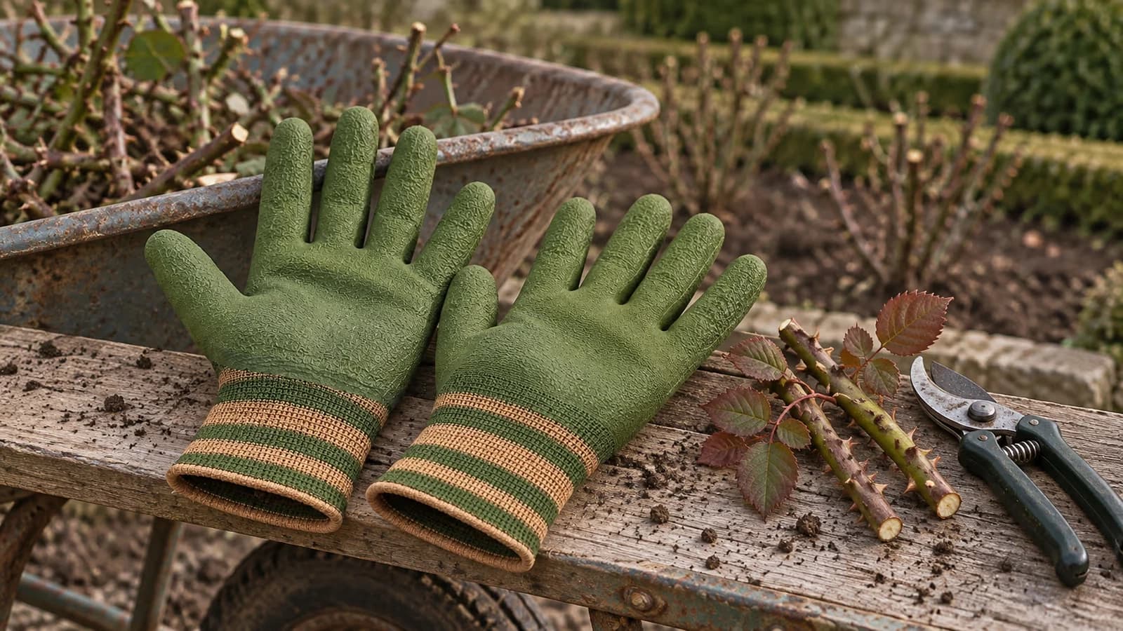 Gants de jardinage verts à paume grenue posés sur le rebord d'une brouette, à côté de tronçons de ronce coupés et d'un sécateur