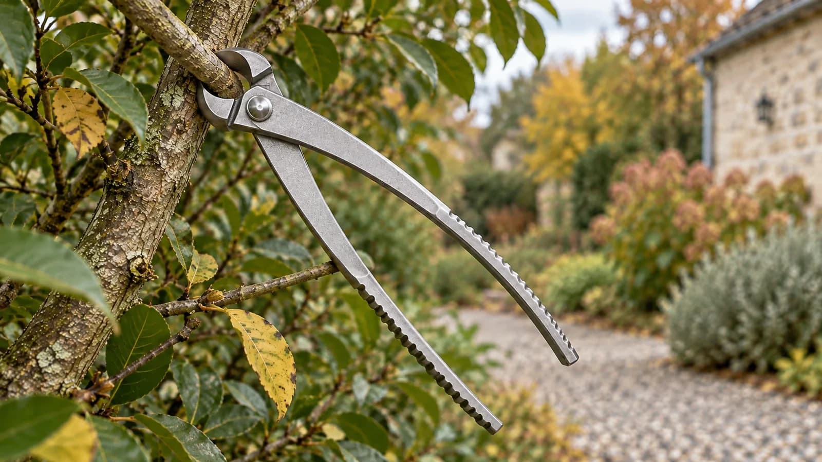 Un sécateur manuel sur une branche épaisse dans un jardin