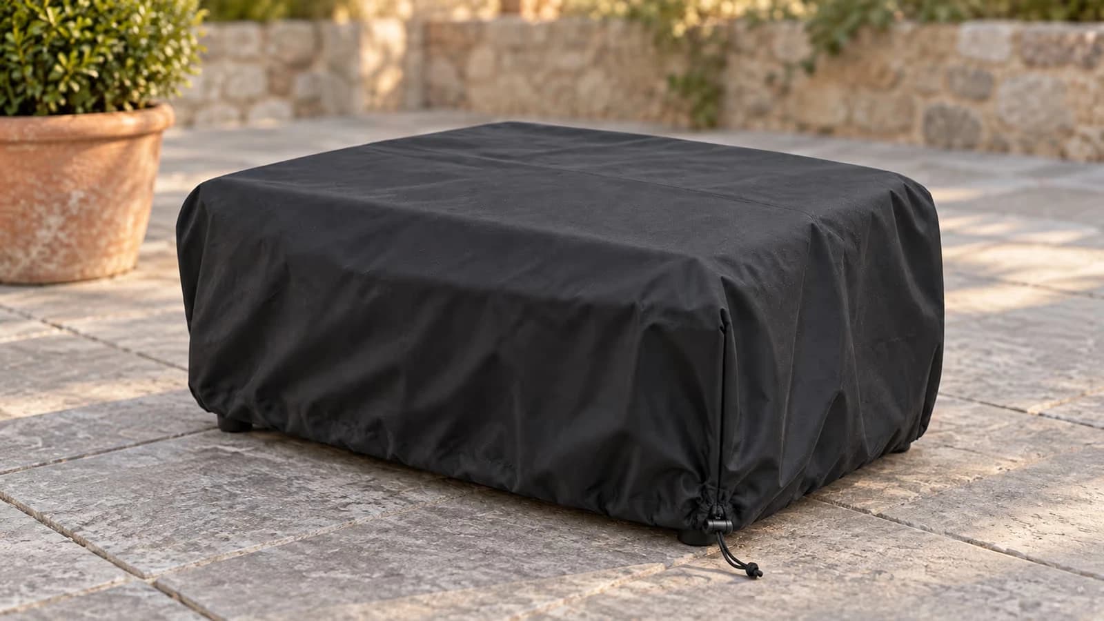 Housse de barbecue noire posée sur une plaque de cuisson de table, cordon serré au bas de la toile, terrasse en dalles